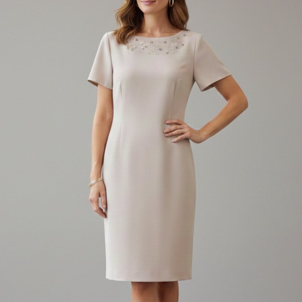 Jessica Howard Beige Beaded Neck Sheath Dress Wedding Guest Party Cocktail 12